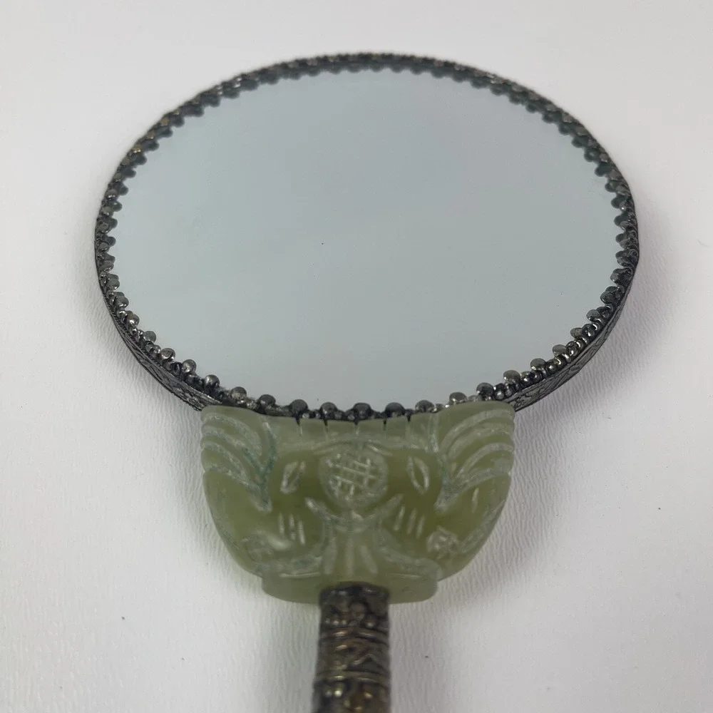 Vintage Chinese Celadon Jade Hand Painted Porcelain Vanity Mirror Geisha In Box